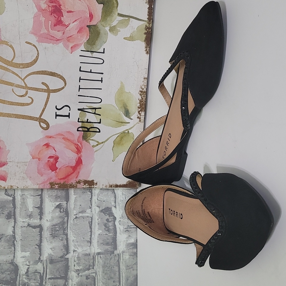 Torrid Rhinestone Point Toe Embellished Black Ballet Flat 7WW Suede